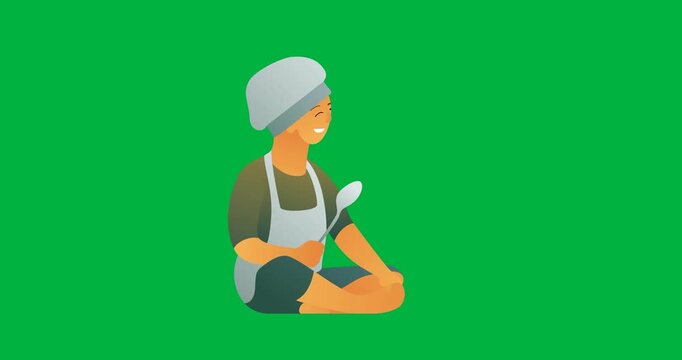Digital animation of male chef holding a spoon icon against black background