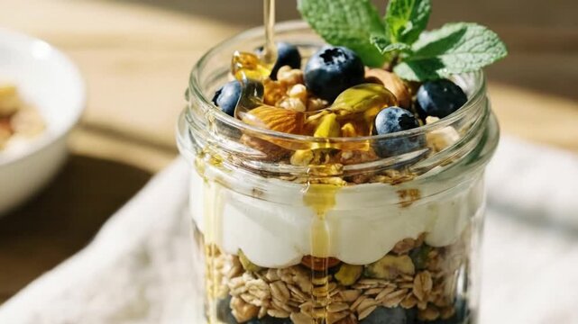 A captivating close-up shot features a delicious, layered breakfast or dessert in a clear glass jar. Golden honey drizzles slowly and enticingly over fresh blueberries, crunchy nuts, and a vibrant spr