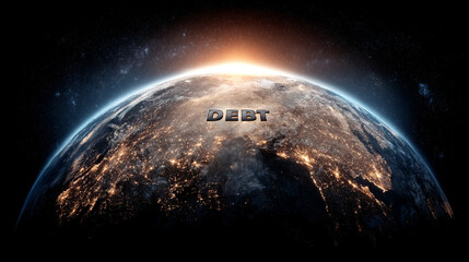 USA highlighted on a world map with the word DEBT prominently displayed, symbolizing national finance, economic pressure, and global fiscal relationships.