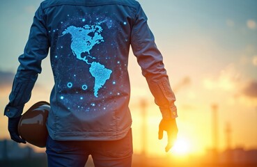 Engineer stands with digital globe overlay on shirt. Global network connection symbolizes future tech, logistics, and e-commerce. Man holds hard hat against sunset.