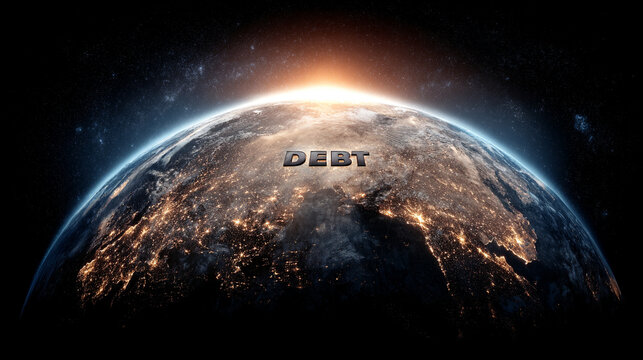 USA highlighted on a world map with the word DEBT prominently displayed, symbolizing national finance, economic pressure, and global fiscal relationships.
