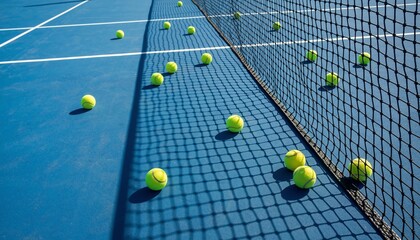 Scattered tennis balls court sunlight, playful shadows and bright colors create a dynamic sports atmosphere for outdoor recreation and training motivation.