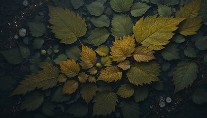 Autumn leaves on dark background with green and yellow foliage