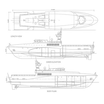 Detailed Blueprint of a Modern Motor Yacht Design.