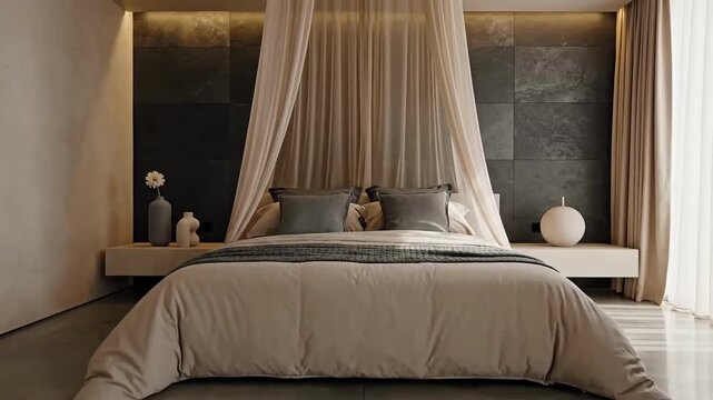 Calming Canopy Bed In Minimalist Bedroom Interior With Elegant Neutral Tones For Relaxation