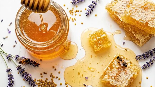 A captivating top-down view showcases luscious, golden amber honey gracefully dripping from a rustic wooden dipper into a clear glass jar, symbolizing natural sweetness and purity. The pristine white 