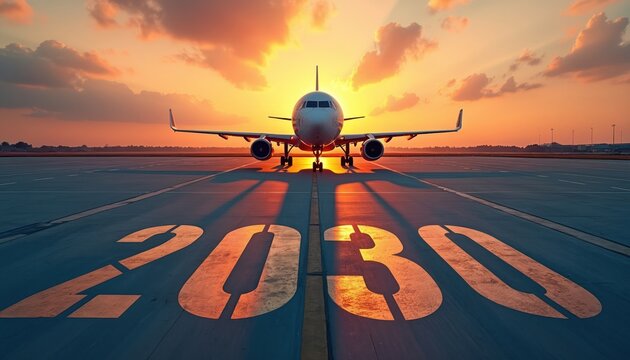 Commercial airplane waits on runway marked with 2030 numbers at sunset. Aircraft prepares for flight or arrival against dramatic orange sky. Future aviation travel concept. - Powered by Adobe