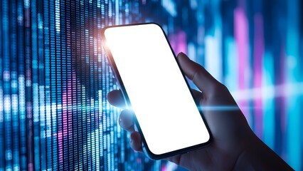 A hand holding a smartphone with a blank screen in front of a futuristic digital background