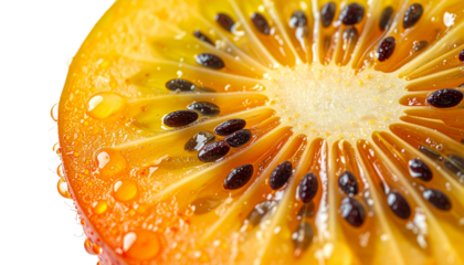 Detailed sliced fruit showing juicy interior and seeds, realistic moisture and texture, macro-style food photography, isolated on transparent background, fresh nutrition concept
