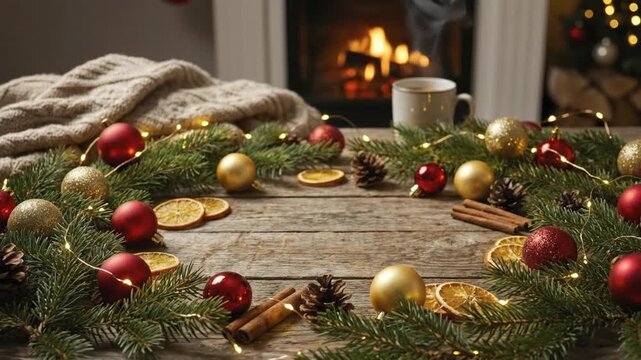 A charming holiday table setting features vibrant red and glittering gold baubles nestled among fresh evergreen branches. Pine cones, fragrant cinnamon sticks, and dried orange slices add rustic elega