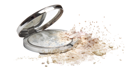 Shattered compact makeup mirror with spilled powder on white background, broken cosmetic product, messy powder spillage, beauty product failure