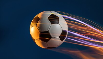 Fast soccer ball motion streaks highlight dynamic speed, glowing energy, and competitive spirit in a modern sports concept with colorful light trails.