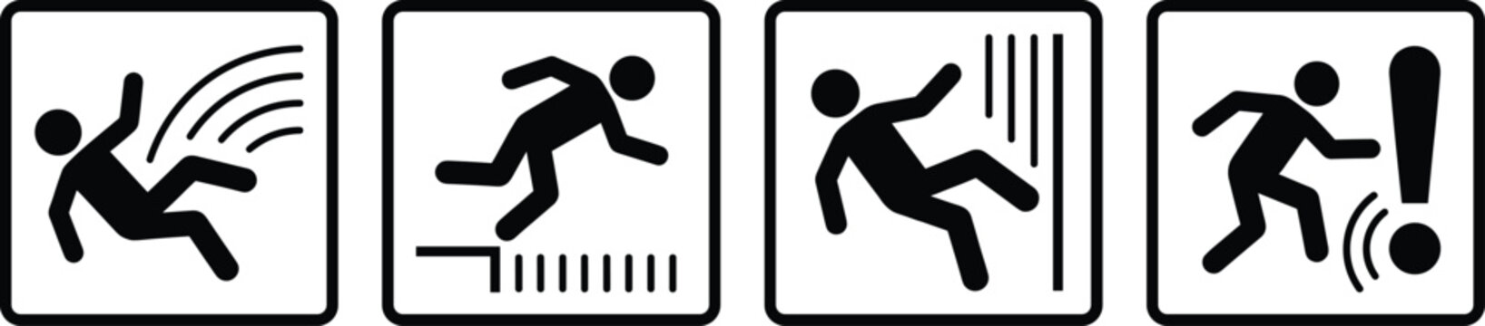 Workplace accident safety icons set, slip trip fall hazard warning symbols, industrial risk prevention concept, flat black vector illustration