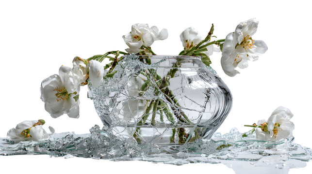Shattered clear glass vase with white flowers and spilled water on a plain white background, broken glass shards scattered around, delicate floral arrangement, elegant - Powered by Adobe