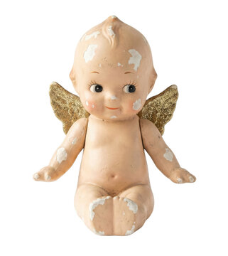 Vintage Kewpie doll with gold wings. Carnival prize figurine.