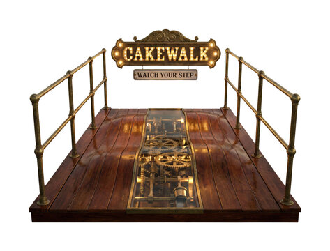 Cakewalk carnival attraction with moving gears. Vintage funhouse ride.