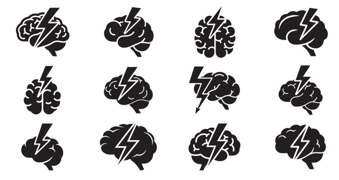 Set of Brain with lightning icon, Brain with lightning vector collection