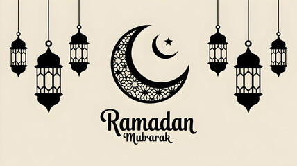 Ramadan mubarak greeting with crescent moon and lanterns