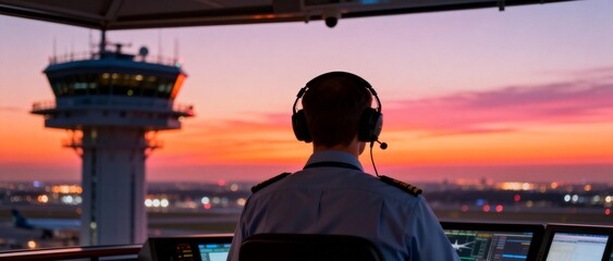 Air traffic controller at sunset