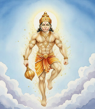 Lord Hanuman Bajrangbali Spiritual Painting in Watercolor Style