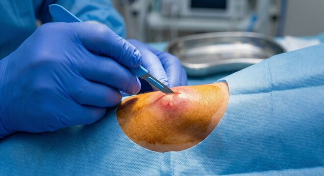 Close-up of Doctor Performing Incision and Drainage (I&D) Procedure on Skin Abscess.