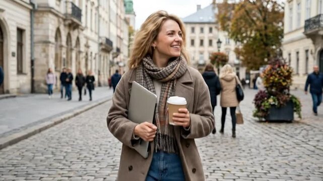 A cheerful woman strolls confidently on a picturesque cobblestone street, holding a modern laptop and a disposable coffee cup. Her radiant smile suggests a positive and productive urban lifestyle, ble