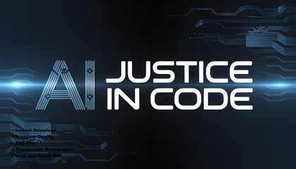 A futuristic digital graphic with the phrase AI Justice in Code AI generated