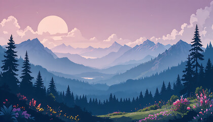 Serene mountain landscape with full moon and colorful flowers mountain range purple sky clouds evergreen trees