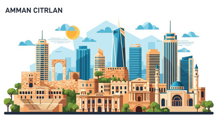 Fototapeta premium Amman's Modern Skyline and Historic Landmarks A Detailed Vector Illustration Showcasing Jordan's Capital City with Urban Architecture and Vibrant Culture