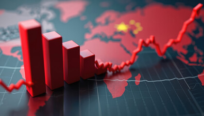 Red bar chart shows declining trend against world map background with China highlighted. Global economic downturn, market crash, trade war impact on USA and China economies visualized.