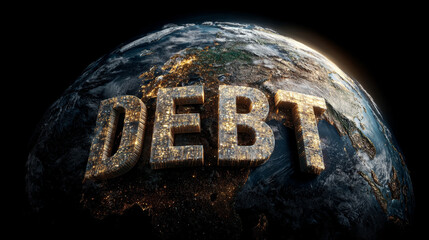 USA highlighted on a world map with the word DEBT prominently displayed, symbolizing national finance, economic pressure, and global fiscal relationships.
