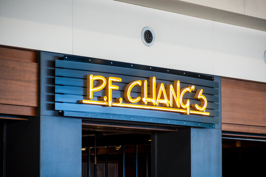 PF Changs restaurant sign is an American restaurant chain at McNamara terminal in Detroit airport.