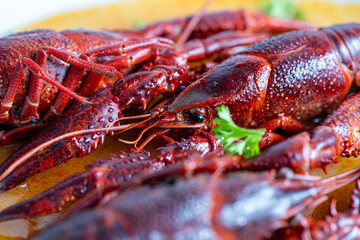 Plate of tasty boiled crayfish