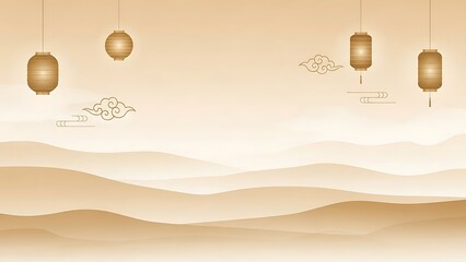 Abstract illustration of oriental lanterns above rolling hills background