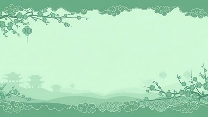 Abstract illustration of oriental landscape with branches and lantern decorations