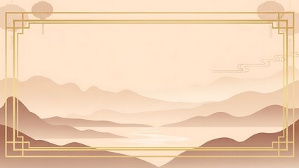 Abstract landscape art with golden frame and layered mountains illustration