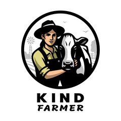A kind farmer. A female farmer stands with a cow logo.