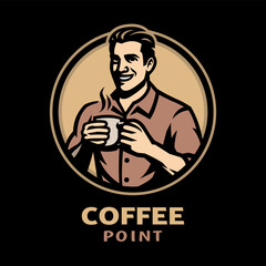 Coffee shop. Logo of a man holding a cup of coffee on dark background