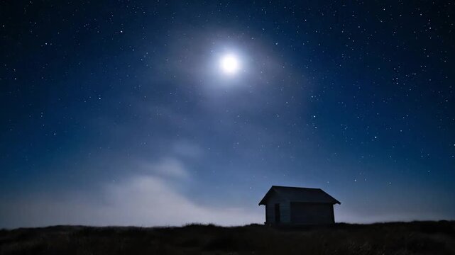 A serene night sky timelapse with stars and full moon over a small wooden cabin with fog moving across the landscape