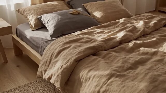 Comfortable And Stylish Bedroom Interior With Soft Linen Bedding Set For Relaxation