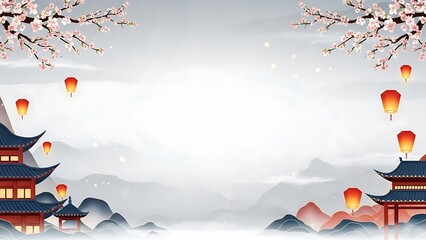 Asian inspired scene with traditional buildings and floating lanterns