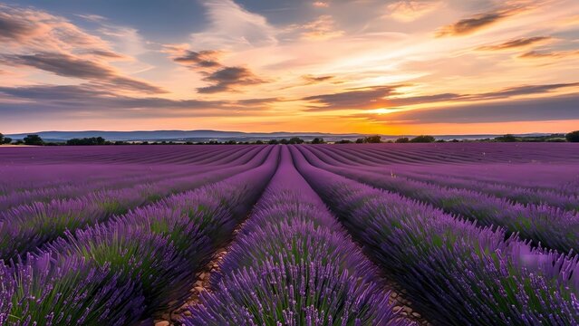 A serene lavender field at sunset with rows of purple flowers under a colorful sky - Powered by Adobe