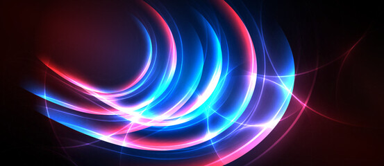 Abstract light curves radiate, blending vibrant blues, pinks, reds against dark background. Dynamic energy flows create captivating visual effect.