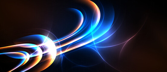 Abstract light streaks, vibrant curves, dynamic energy. Dark background emphasizes glowing lines, creating futuristic feel.