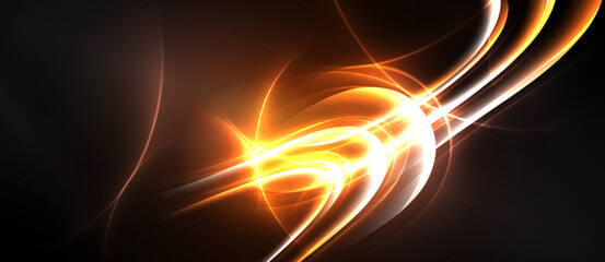 Bright orange energy flows, curves, radiates. Dark background emphasizes glowing lines, creating dynamic visual effect. Abstract design.