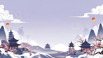 Asian landscape illustration with pagodas mountains and cherry blossoms