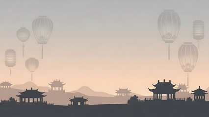 Asian landscape illustration with traditional pagodas and floating lanterns