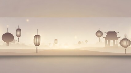 Asian lanterns and architecture silhouette against a misty sky background