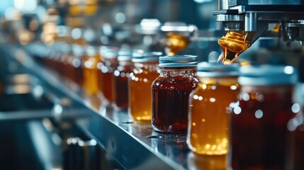 Honey jars filling on factory conveyor belt