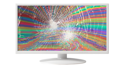 A white computer monitor with a cracked screen displaying a vibrant rainbow colored pattern on a plain white background with technology and damaged display